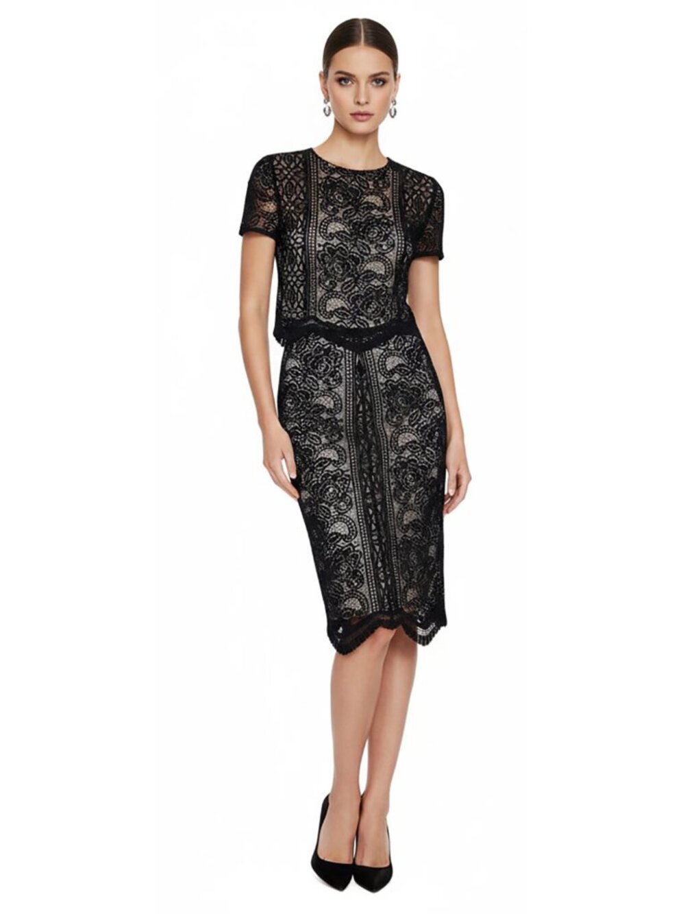 Women’s Black Lace 2-Piece Outfit Short Sleeve Top & Pencil Skirt Size M